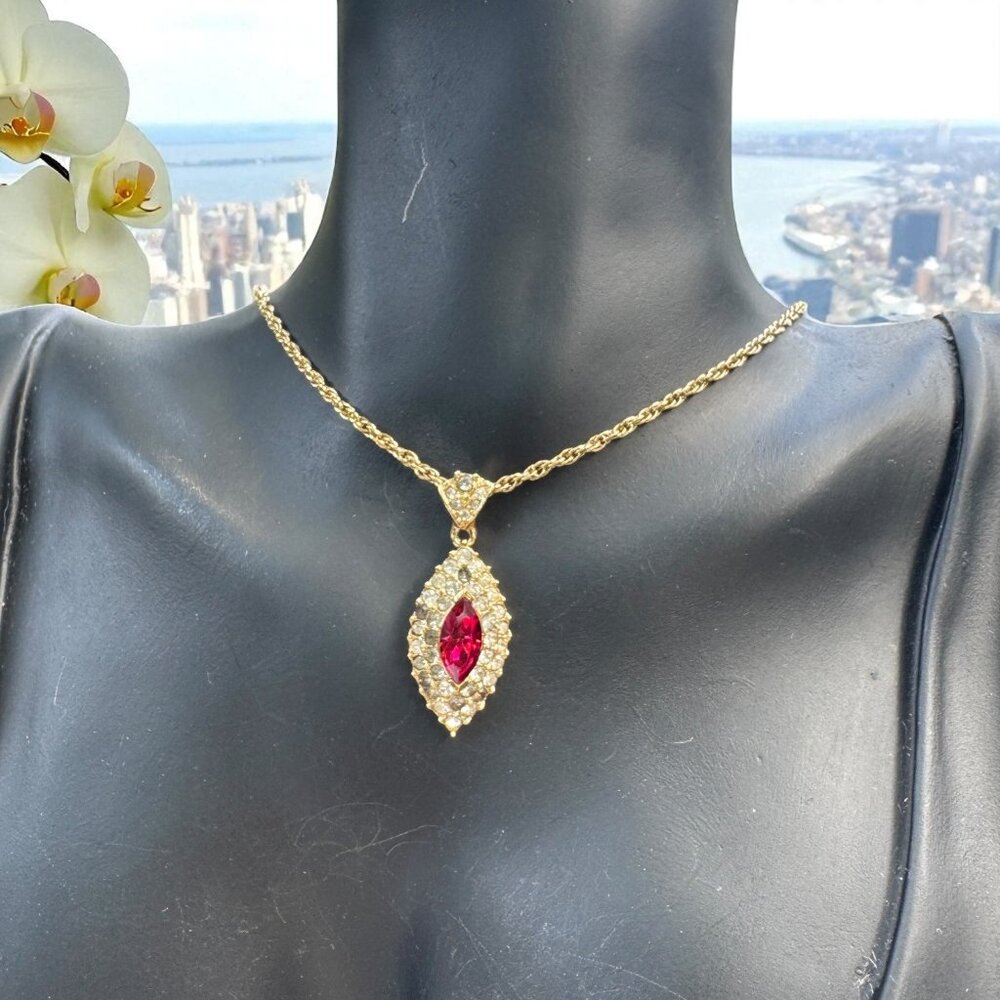 Vintage Attwood & Sawyer Ruby and White Rhinestones Gold Tone Pendant Necklace - Picture 11 of 16